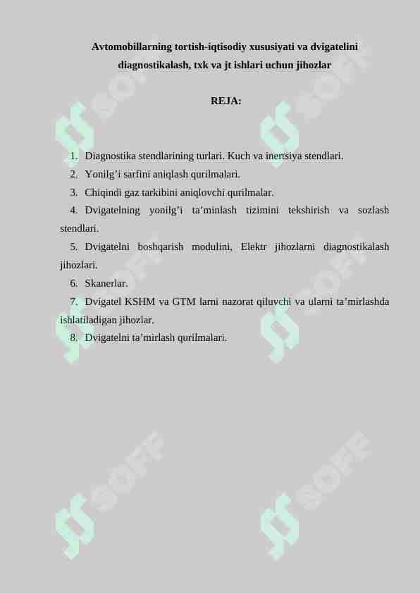 Avtomobillarning tortish-iqtisodiy xususiyati va dvigatelini diagnostikalash, txk va jt ishlari uchun jihozlar