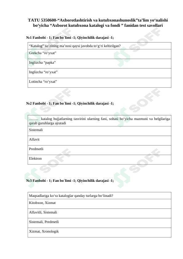 Axborot kutubxona katalogi va fondi fanidan test savollari
