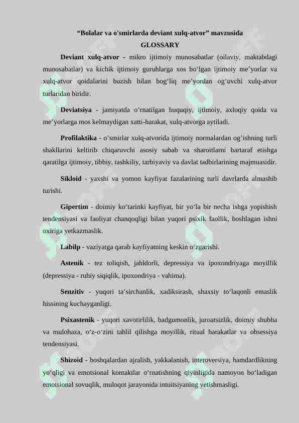 “Bolalar va o'smirlarda deviant xulq-atvor” mavzusida GLOSSARY