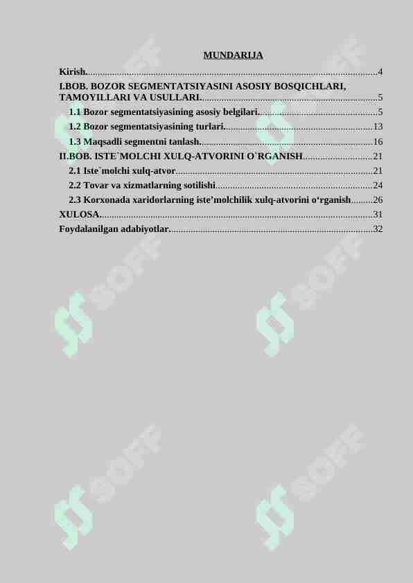 Bozor segmentatsiyasi. kurs ishi
