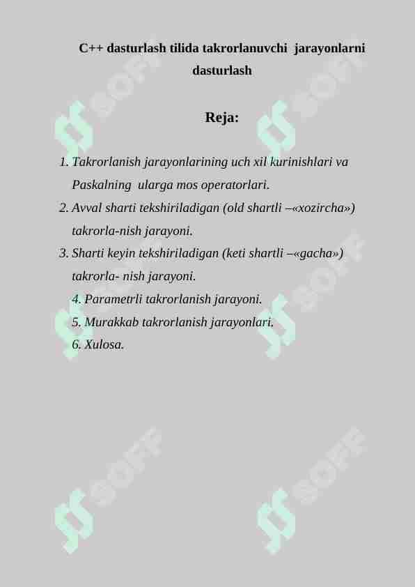 C++ dasturlash tilida takrorlanuvchi jarayonlarni dasturlash