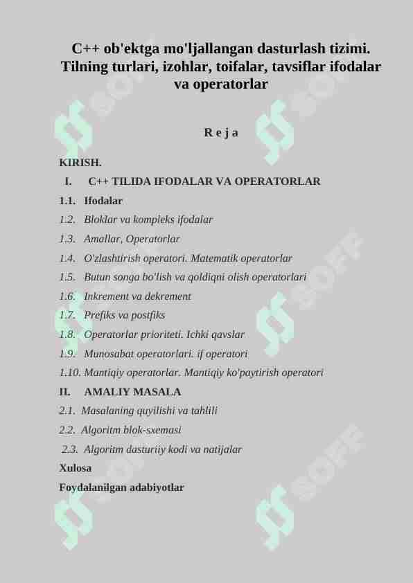 C++ ob'ektga mo'ljallangan dasturlash tizimi. Tilning turlari, izohlar, toifalar, tavsiflar ifodalar va operatorlar