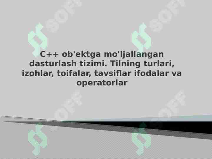 C++ ob'ektga mo'ljallangan dasturlash tizimi. Tilning turlari, izohlar, toifalar, tavsiflar ifodalar va operatorlar