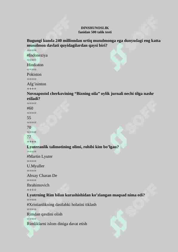 DINSHUNOSLIK fanidan 500 talik testi, javoblari bilan