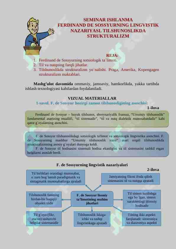 Seminar ishlanma mavzu: Ferdenant de Sossyurning lingvistik qarashlari. Tilshunoslilda strukturalizm