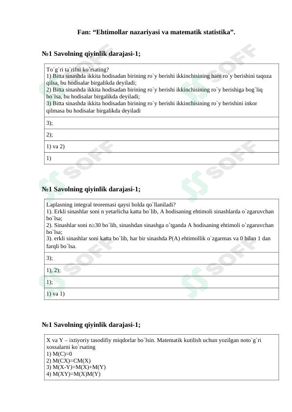 Ehtimollar nazariyasi va matematik statistika fanidan test savollari