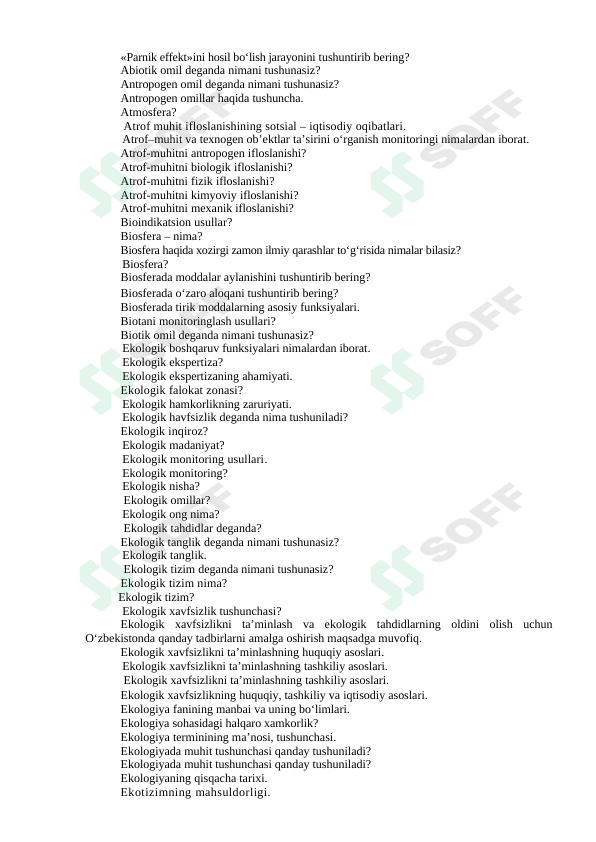 Ekologiya fani bo'yicha savollar va testlar