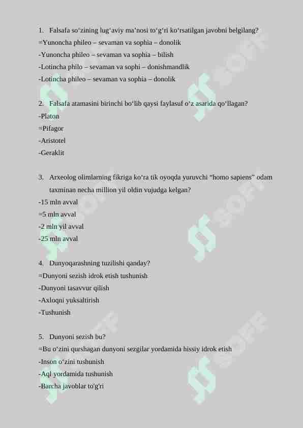 Falsafa fanidan 100 talik test javoblari bilan