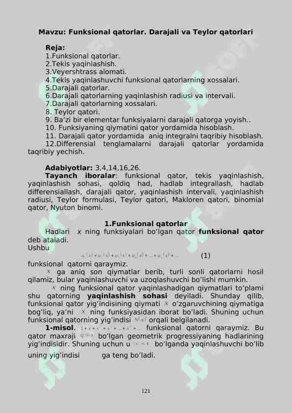 Funksional qatorlar.Darajali va Teylor qatorlari