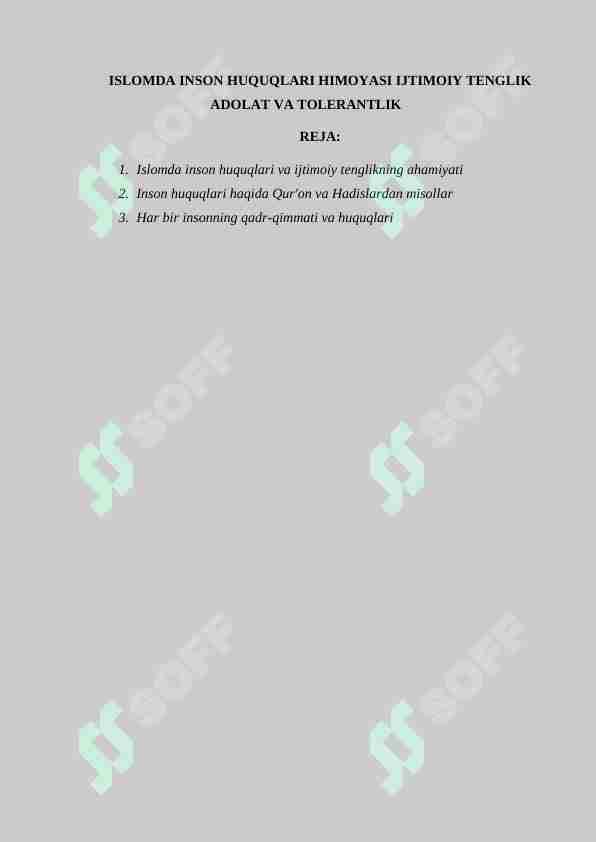 ISLOMDA INSON HUQUQLARI HIMOYASI IJTIMOIY TENGLIK ADOLAT VA TOLERANTLIK