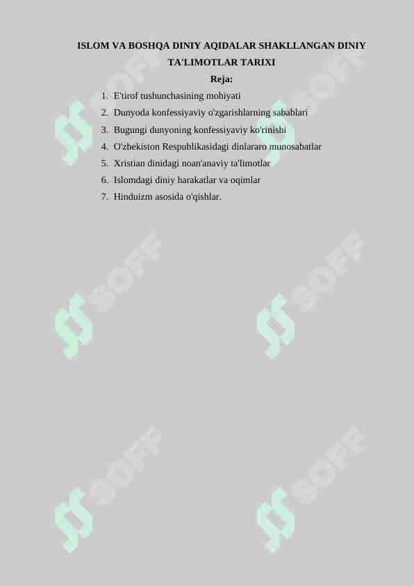 ISLOM VA BOSHQA DINIY AQIDALAR SHAKLLANGAN DINIY TA'LIMOTLAR TARIXI