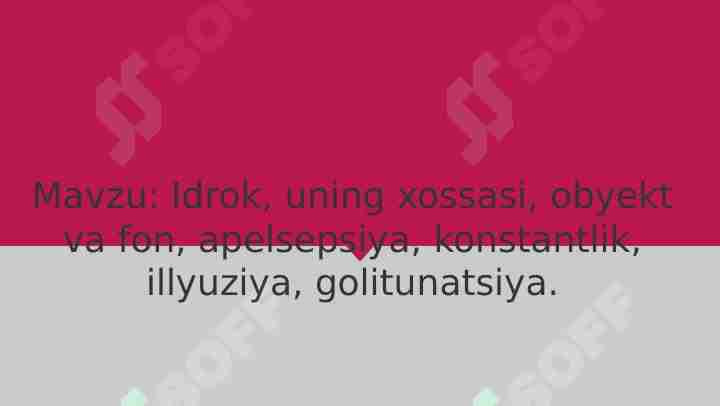 Idrok, uning xossasi, obyekt va fon, apelsepsiya, konstantlik, illyuziya, golitunatsiya