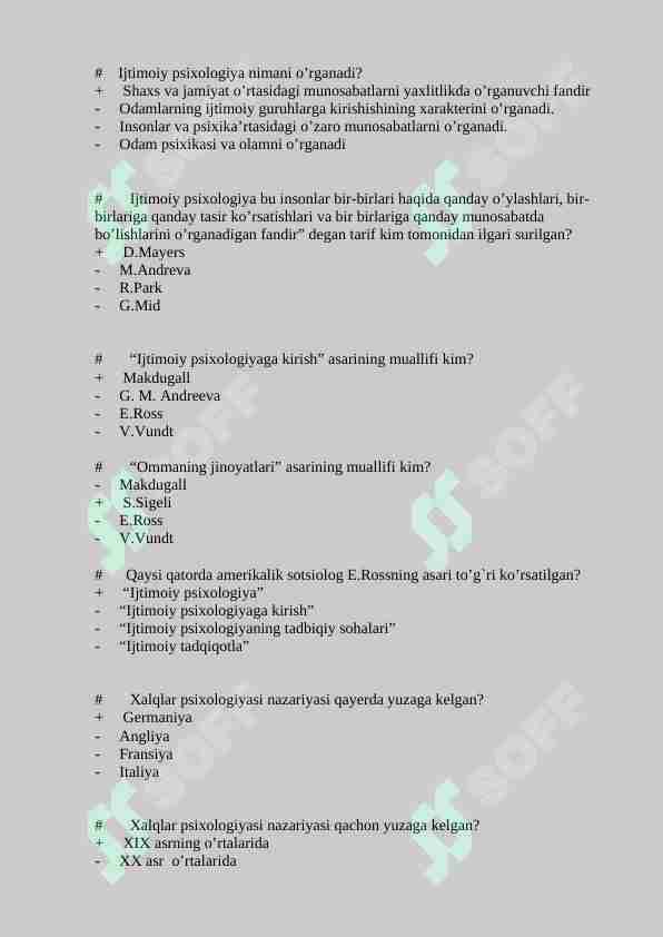 Ijtomoiy psixologiyadan 100 talik test, javoblari bilan