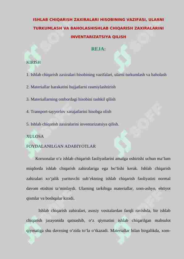 ISHLAB CHIQARISH ZAXIRALARI HISOBINING VAZIFASI, ULARNI TURKUMLASH VA BAHOLASHISHLAB CHIQARISH ZAXIRALARINI INVENTARIZATSIYA QILISH