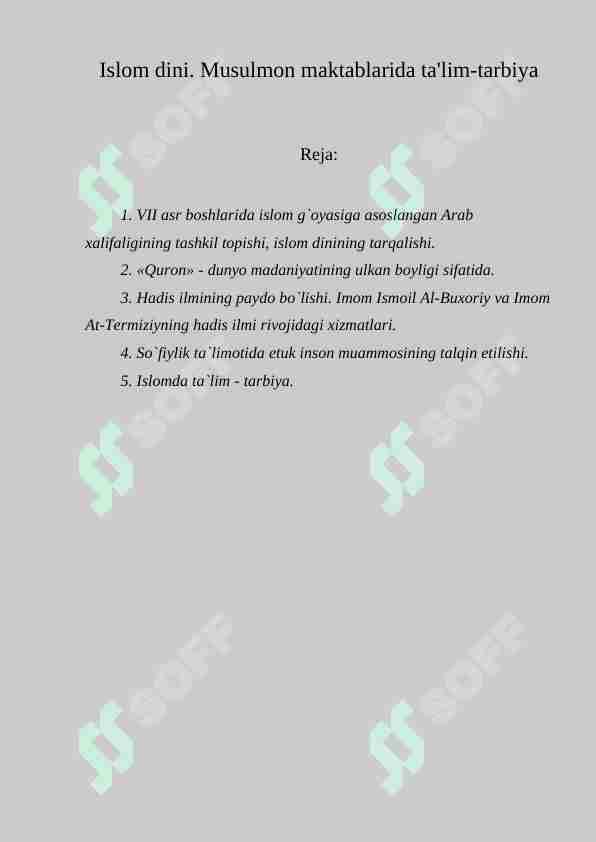 Islom dini. Musulmon maktablarida ta'lim-tarbiya