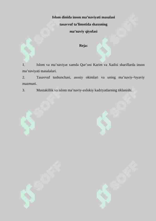 Islom dinida inson ma’naviyati masalasi tasavvuf ta’limotida shaxsning ma’naviy qiyofasi