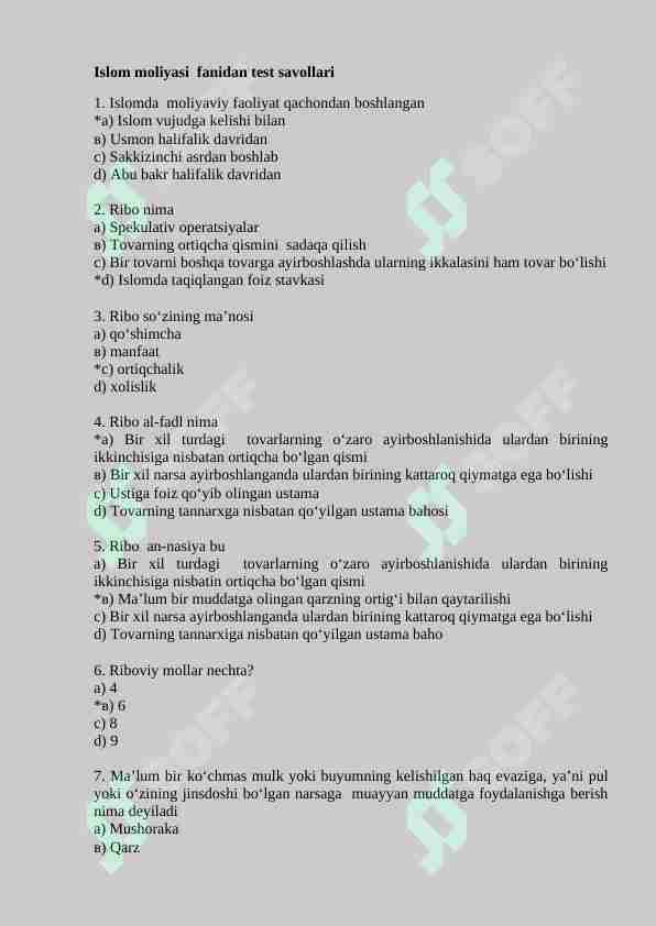 Islom moliyasi fanidan 150 talik test savollari, javoblari bilan