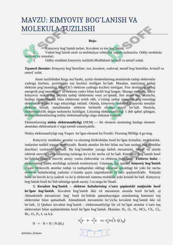 KIMYOVIY BOG’LANISH VA MOLEKULA TUZILISHI