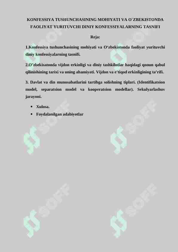 KONFESSIYA TUSHUNCHASINING MOHIYATI VA O`ZBEKISTONDA FAOLIYAT YURITUVCHI DINIY KONFESSIYALARNING TASNIFI