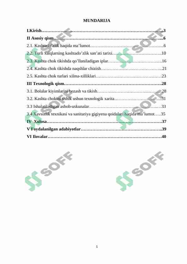 Kashta chok turlaridan foydalanib bolalar kiyimlarimini bezash va tikish.