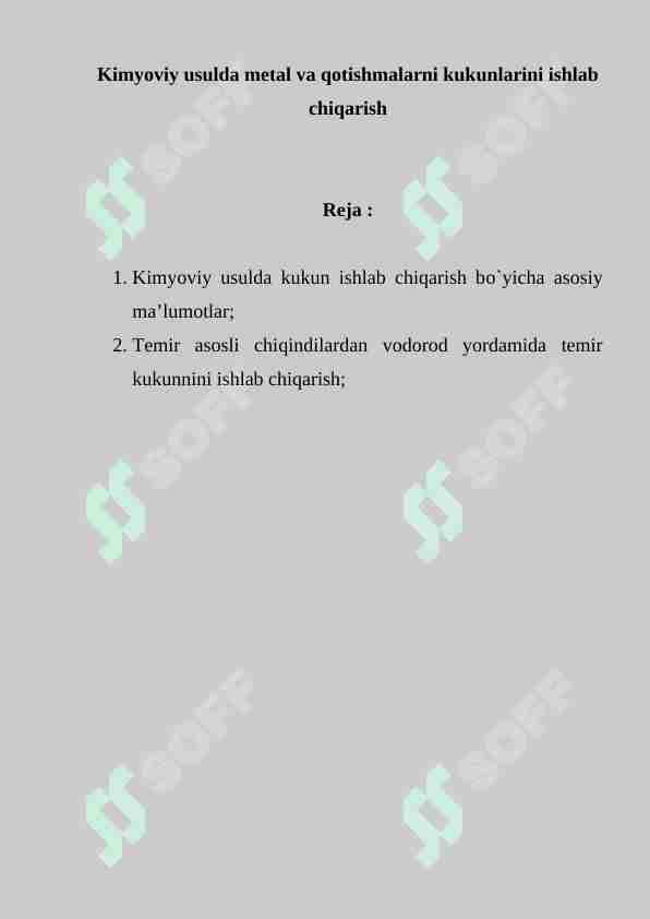 Kimyoviy usulda metal va qotishmalarni kukunlarini ishlab chiqarish
