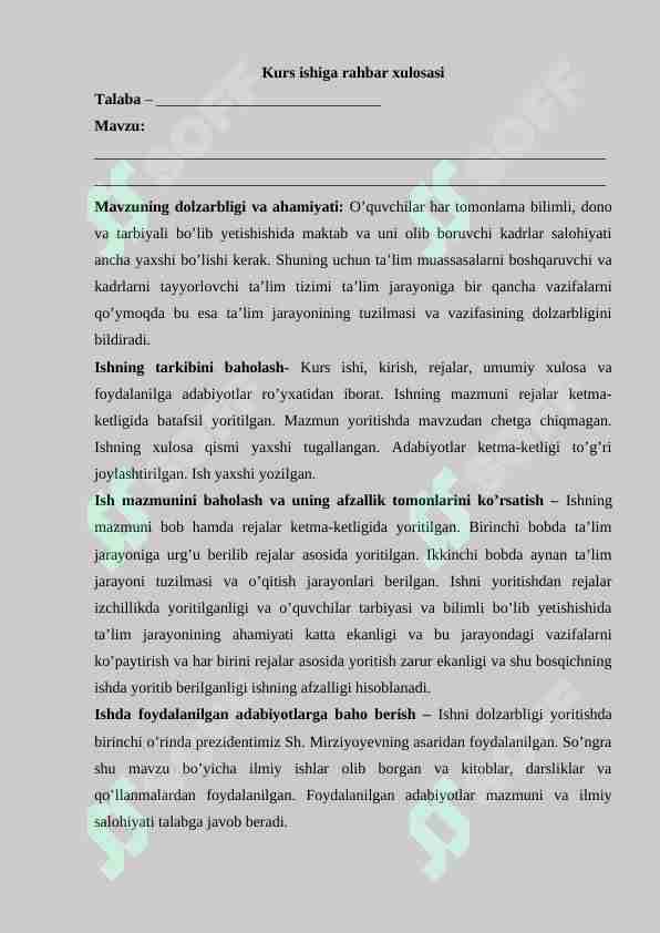 Kurs ishiga rahbar xulosasi (namuna)