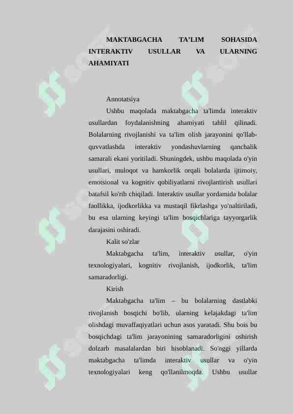 Maktabgacha taʼlim sohasidagi interaktiv usullar va ularning ahamiyati