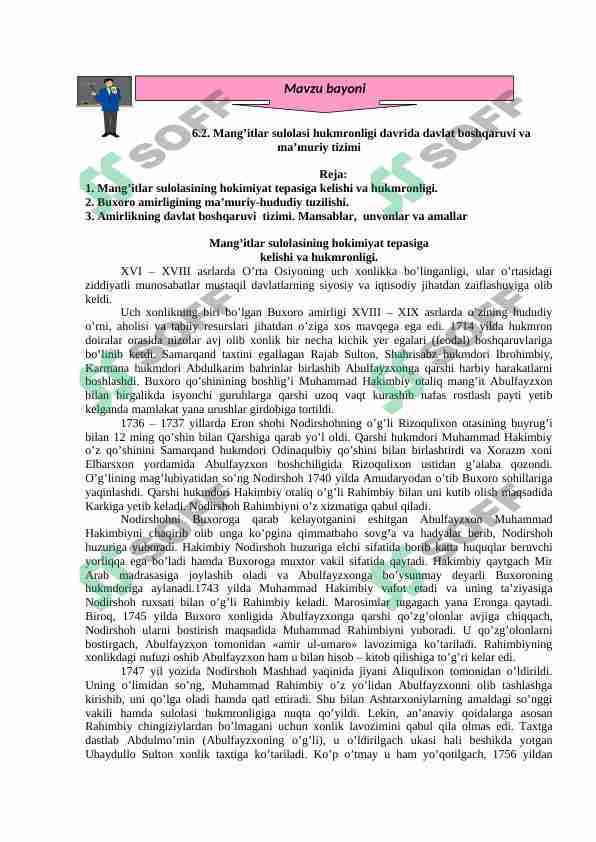 Mang’itlar sulolasi hukmronligi davrida davlat boshqaruvi va ma’muriy tizimi