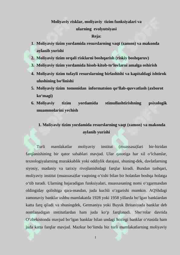 Moliyaviy risklar, moliyaviy tizim funksiyalari va ularning evolyutsiyasi