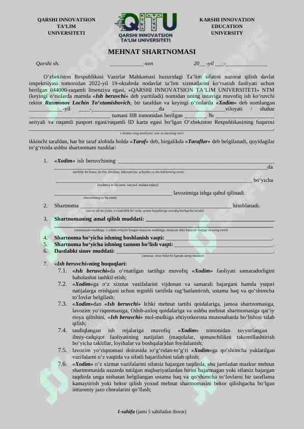 Mehnat shartnomasi ishga kirish uchun hodim o'rtasida