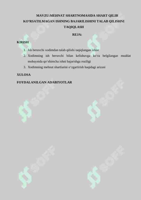 MEHNAT SHARTNOMASIDA SHART QILIB KO‘RSATILMAGAN ISHNING BAJARILISHINI TALAB QILISHNI TAQIQLASH