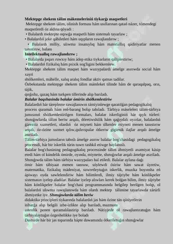 Mektepge shekem tálim mákemeleriniń tiykarǵı maqsetleri