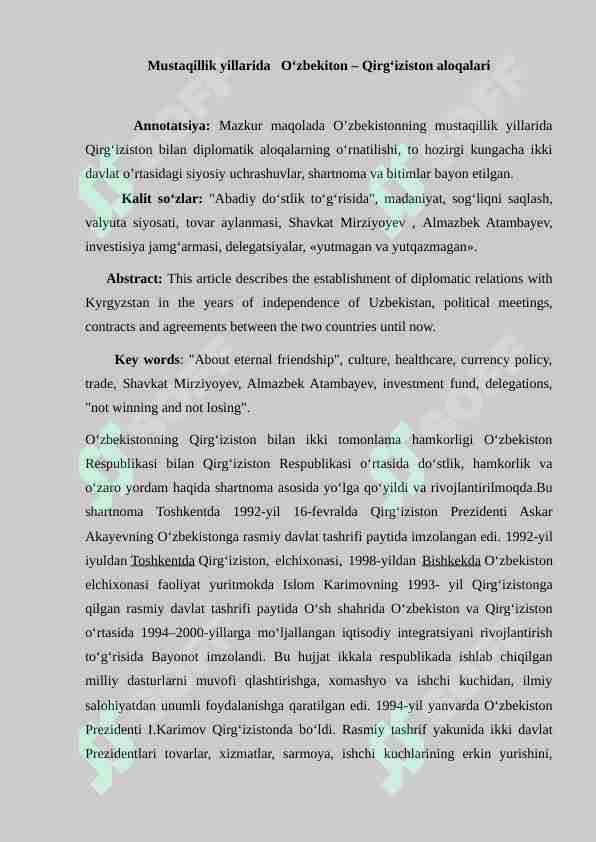 Mustaqillik yillarida O‘zbekiton – Qirg‘iziston aloqalari