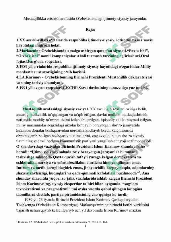 Mustaqillikka erishish arafasida O‘zbekistondagi ijtimoiy-siyosiy jarayonlar