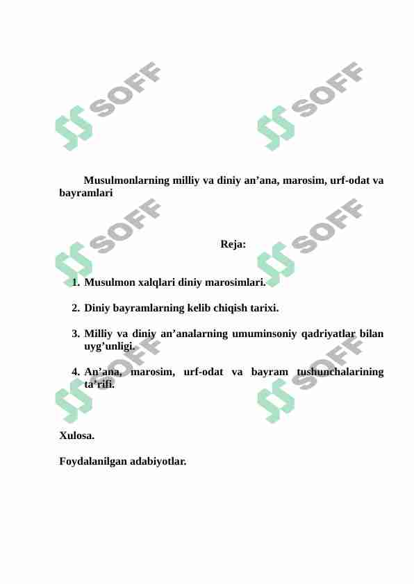 Musulmonlarning milliy va diniy an’ana, marosim, urf-odat va bayramlari