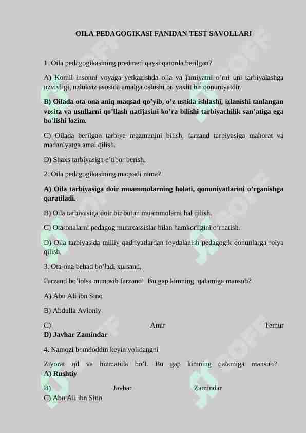 OILA PEDAGOGIKASI FANIDAN TEST SAVOLLARI