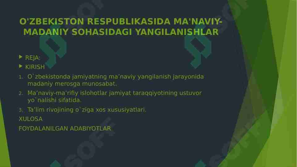 O'ZBEKISTON RESPUBLIKASIDA MA'NAVIY-MADANIY SOHASIDAGI YANGILANISHLAR
