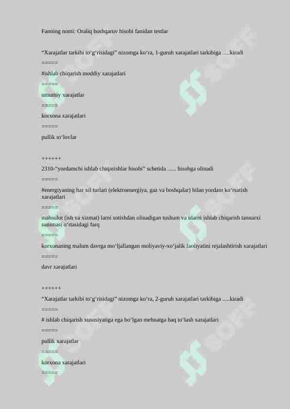 Oraliq boshqaruv hisobi fanidan yakuniy testlari