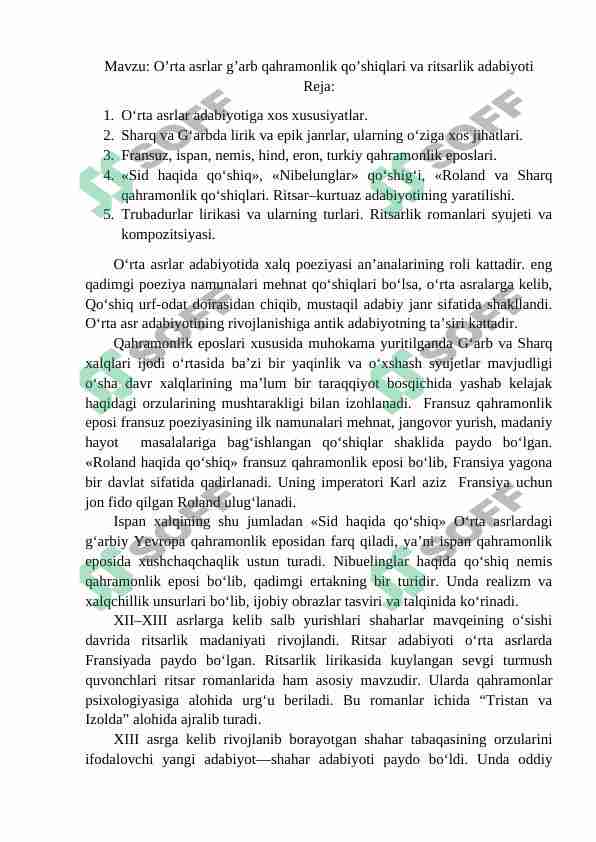 O’rta asrlar g’arb qahramonlik qo’shiqlari va ritsarlik adabiyoti