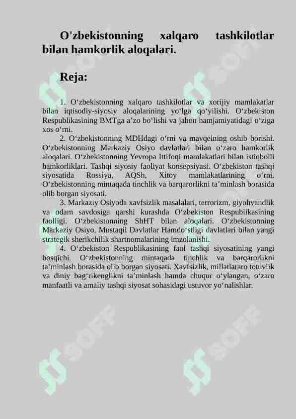 O'zbekistonning xalqaro tashkilotlar bilan hamkorlik aloqalari.