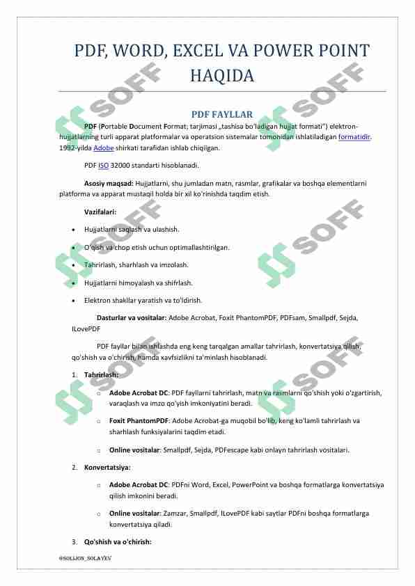 PDF, WORD, EXCEL VA POWER POINT HAQIDA