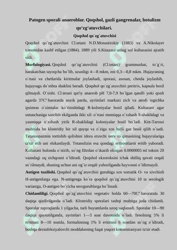 Patogen sporali anaeroblar. Qoqshol, gazli gangrenalar, botulizm qo‘zg‘atuvchilari.