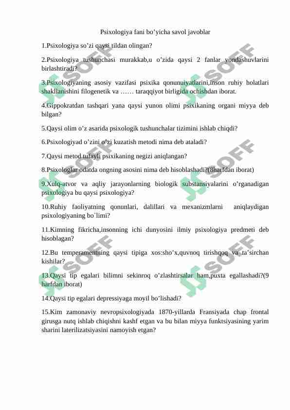 Psixologiya fani bo’yicha savol javoblar