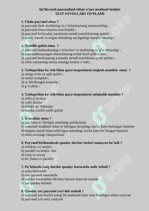 Qо‘lda yoyli payvandlash ishlari 100 talik test