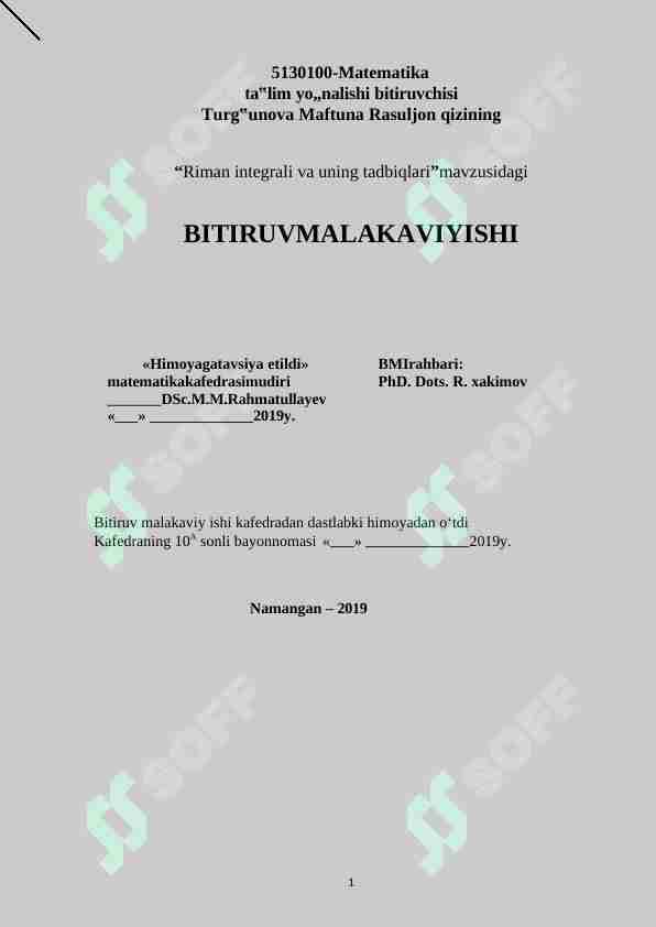 Riman integrali va uning tadbiqlari