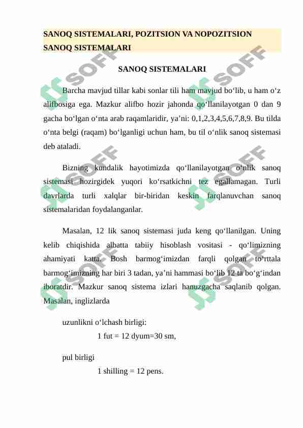 SANOQ SISTEMALARI, POZITSION VA NOPOZITSION SANOQ SISTEMALARI