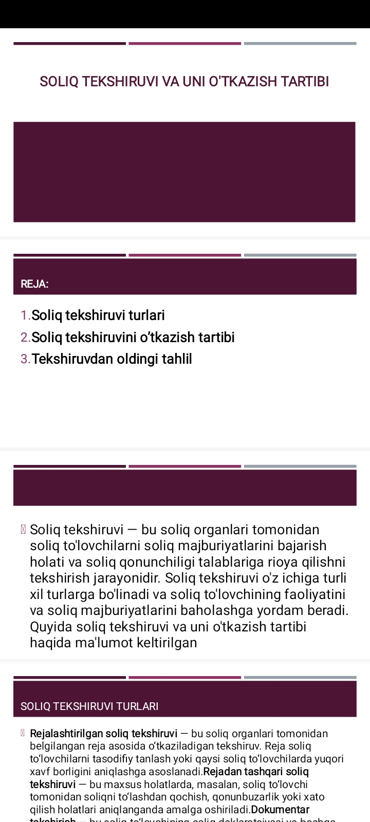 Soliq tekshiruvi va uni o'tkazish tartibi