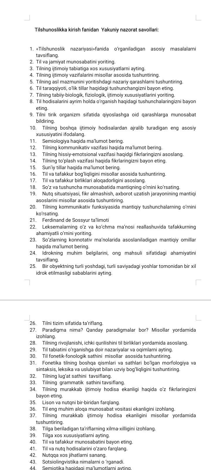 Tilshunoslikka kirish fanidan Yakuniy nazorat savollari