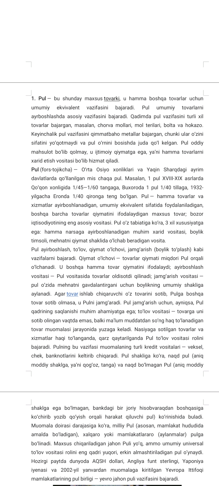 Qog‘oz pul va tangalar bilan tanishtirish. / Mustaqil ish/