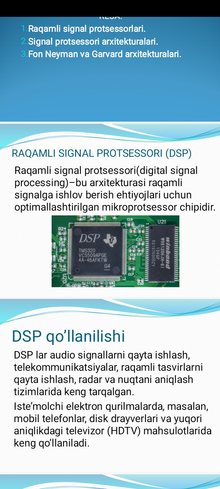 Zamonaviy signal protsessorlari arxitekturalarini o‘rganish.
